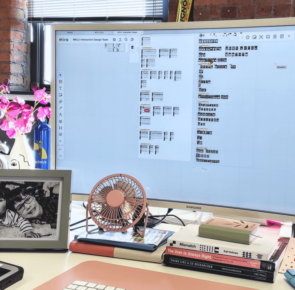 A computer monitor displaying notes beside photos of user flows
