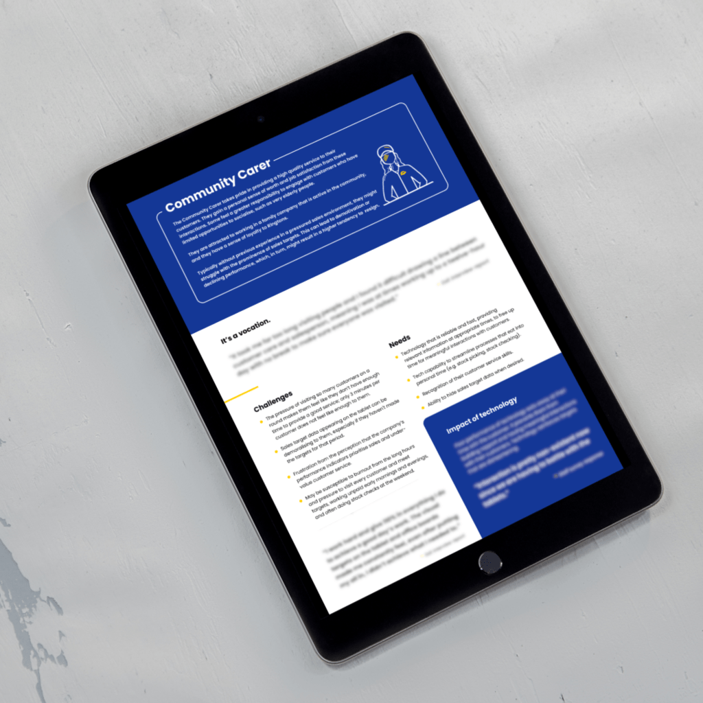 A tablet screen displaying a persona in blue and white