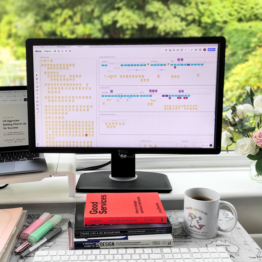 A computer monitor displaying a Miro board, with hundreds of post-it notes organised and arranged to make meaning.
