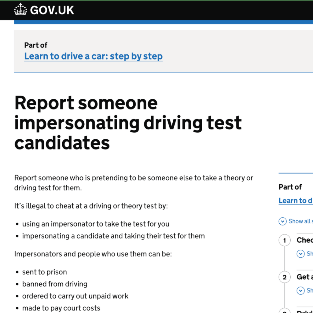 A screenshot of a gov.uk webpage advising members of the public on how they can "report someone impersonating driving test candidates"