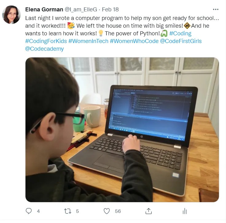 A screenshot of a Twitter post, "Last night I wrote a computer program to help my son get ready for school... and it worked! We left the house with big smiles! And he wants to learn how it works! The power of Python!", and an image of my son completing the "game" on my laptop.