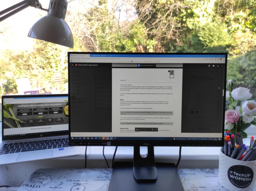 A coding project brief is displayed on a computer monitor, in front of a window looking out onto the rare sight of a sunny English garden