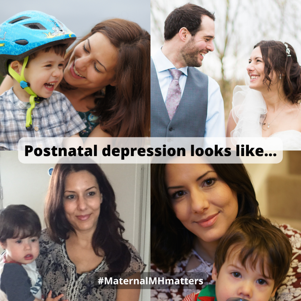 The words "Postnatal depression looks like...", with four photos of Elena  looking incredibly happy and smiling with her little child, and at her wedding. 