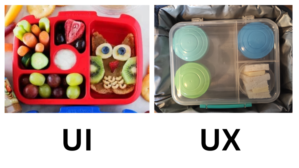 On the left is a photo of a beautiful packed lunch, overflowing with full of rainbow colours of fruit and veg, and an owl made out of food. Below the image is the word "UI".On the right is a drab and austere half-full lunchbox with the lidded pots (contents not on display) and a slightly pathetic looking cheese sandwich. Below the photo is the word "UX".