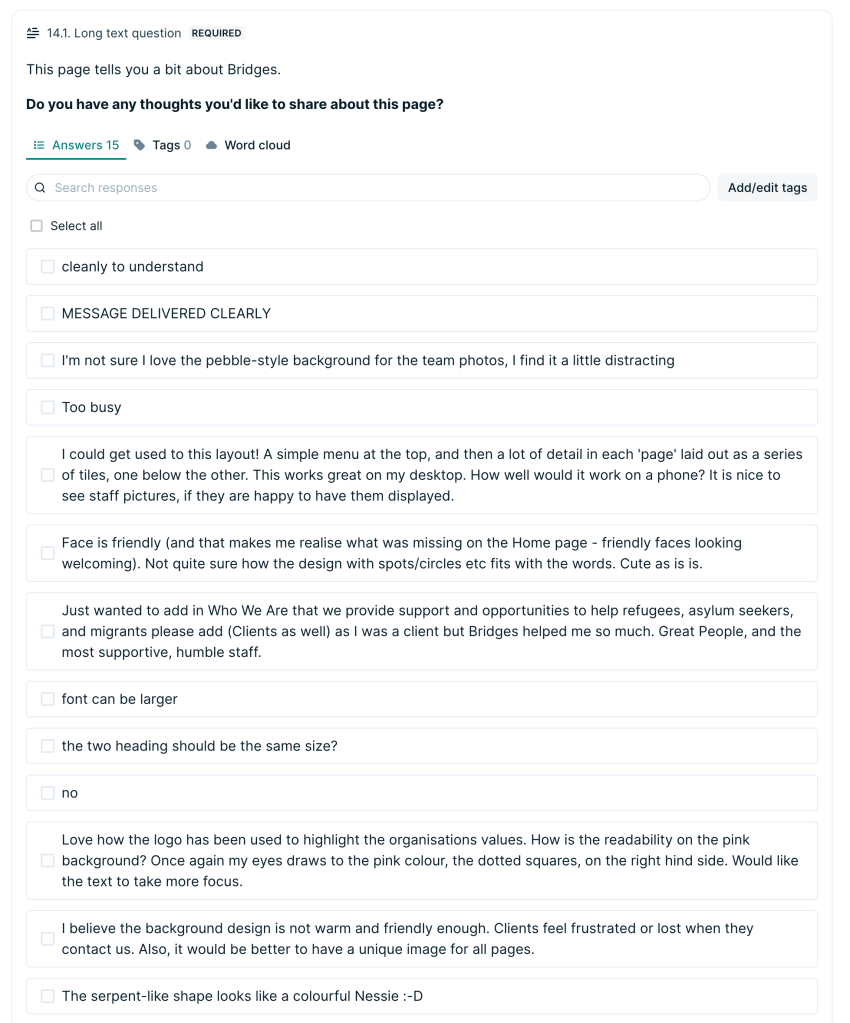 A snapshot of feedback from users